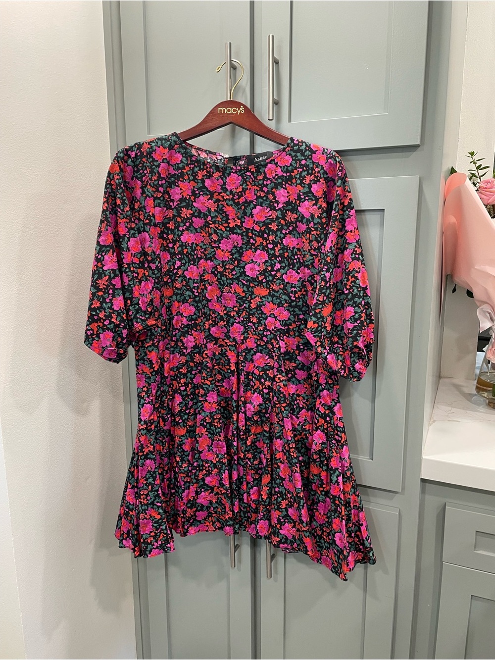 Aakaa Black Dress with Bright Pink Floral Print
